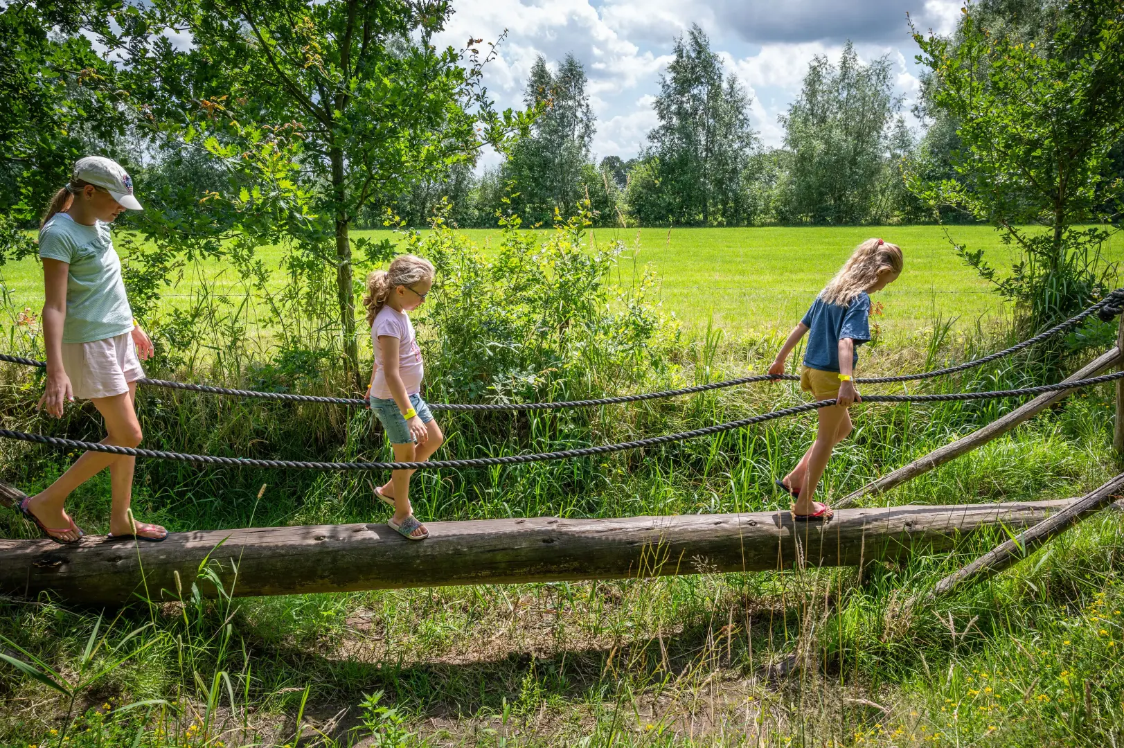 Kinderen lopen in de zomer over een houten balk