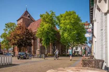 Kerk met bomen er om heen aan een klinkerweg